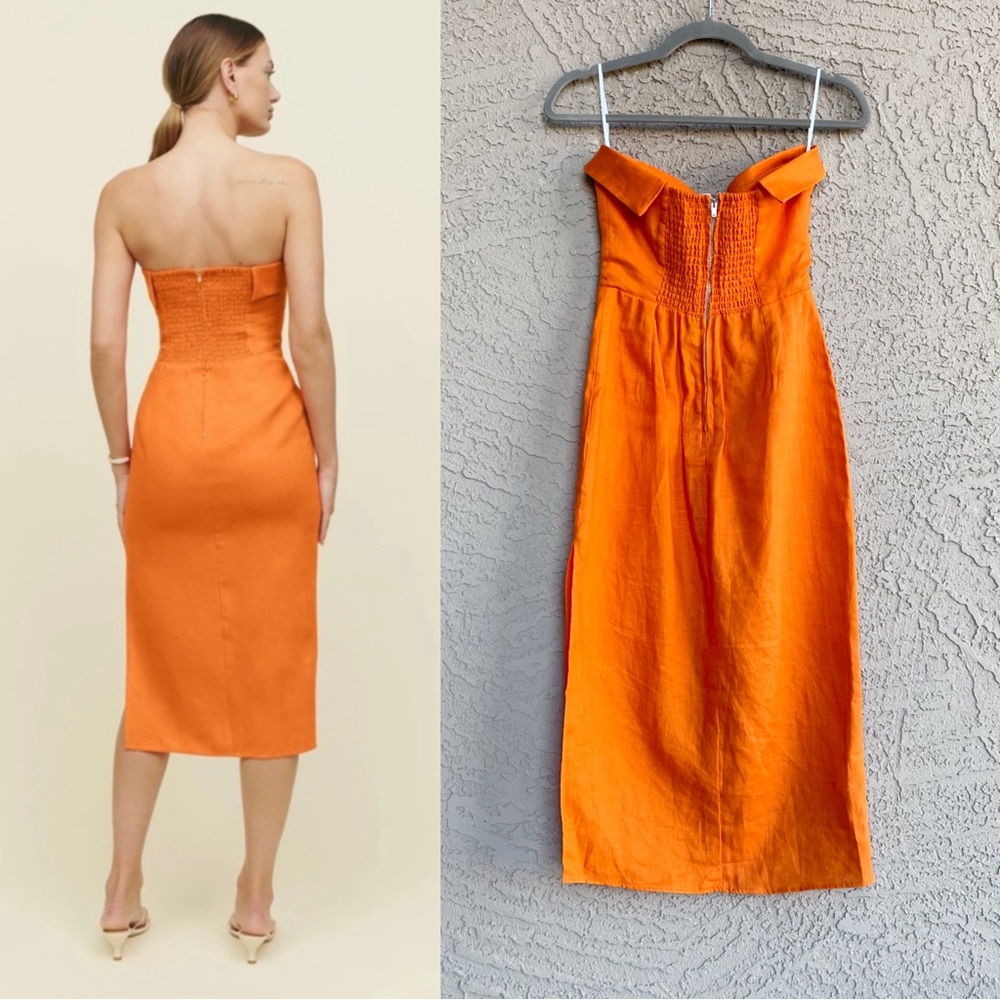 REFORMATION 100% Linen Orange Strapless Marcella Midi Dress w/ Slit 0 - Picture 2 of 15